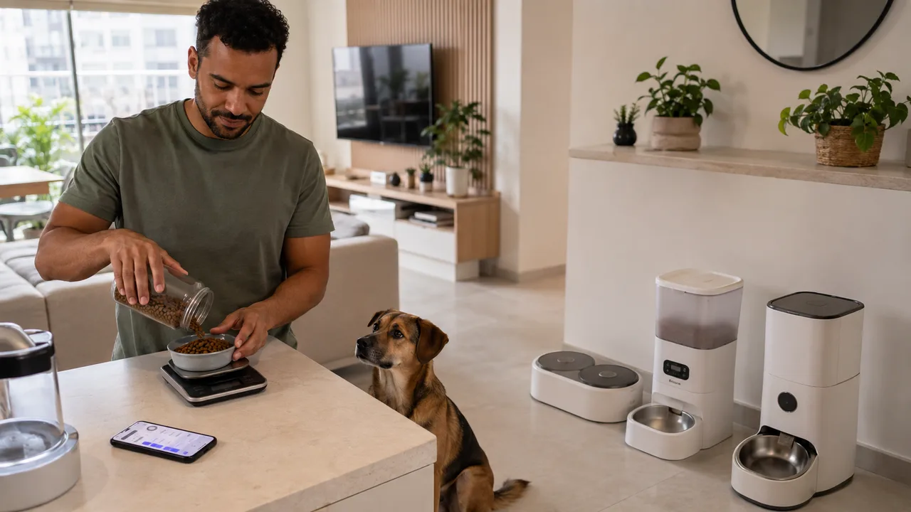 tutor pesa a ração diante do cachorro e de três tipos de alimentador automático