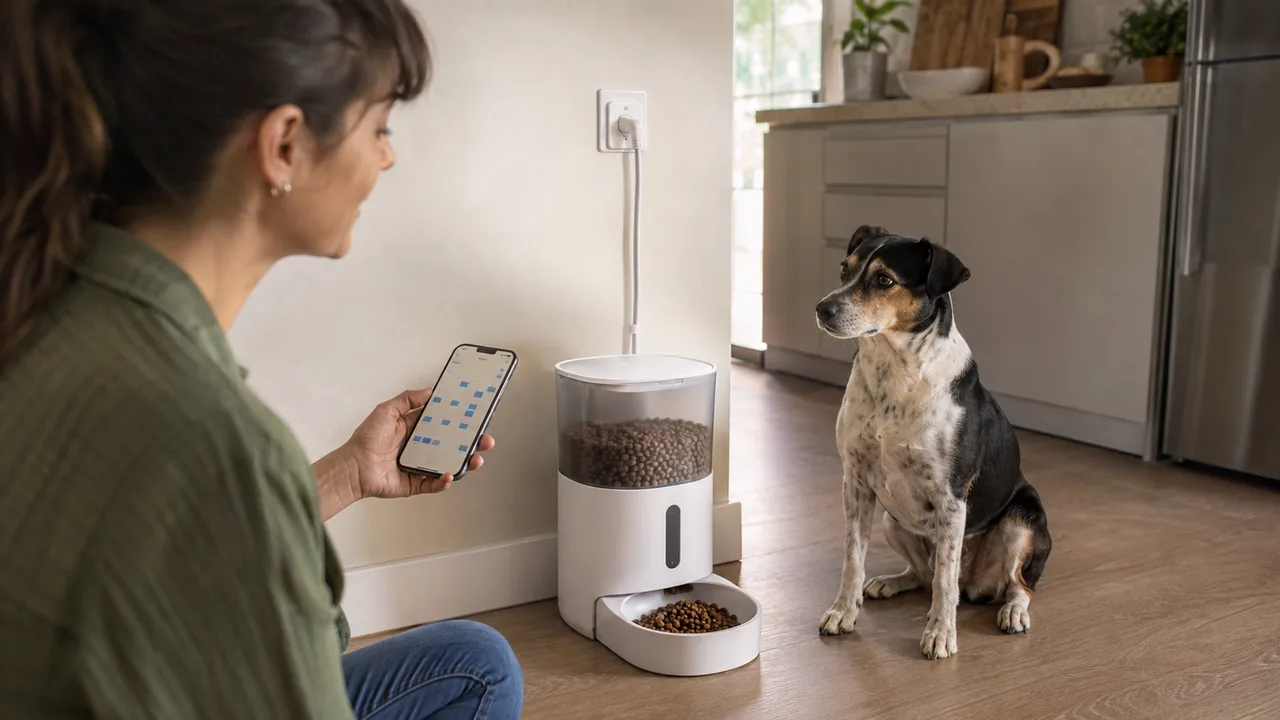 tutora configura pelo celular um alimentador inteligente diante do cachorro