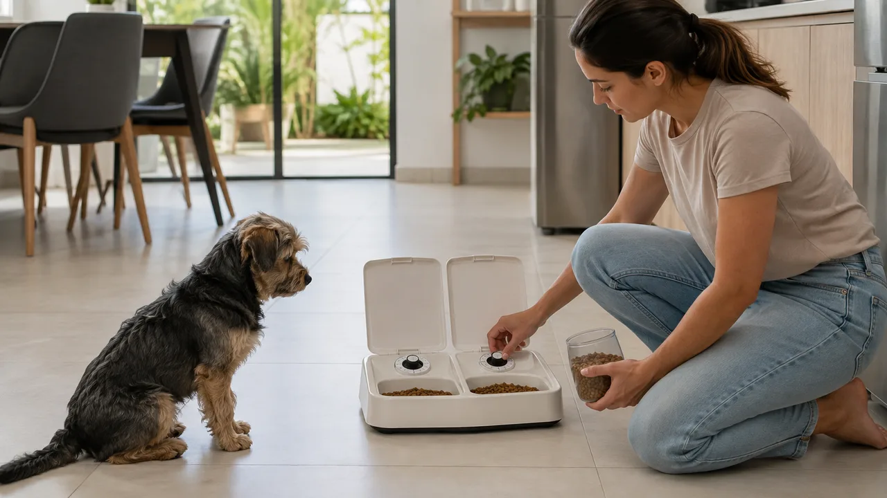 tutora ajusta um alimentador de dois compartimentos diante de um cachorro pequeno