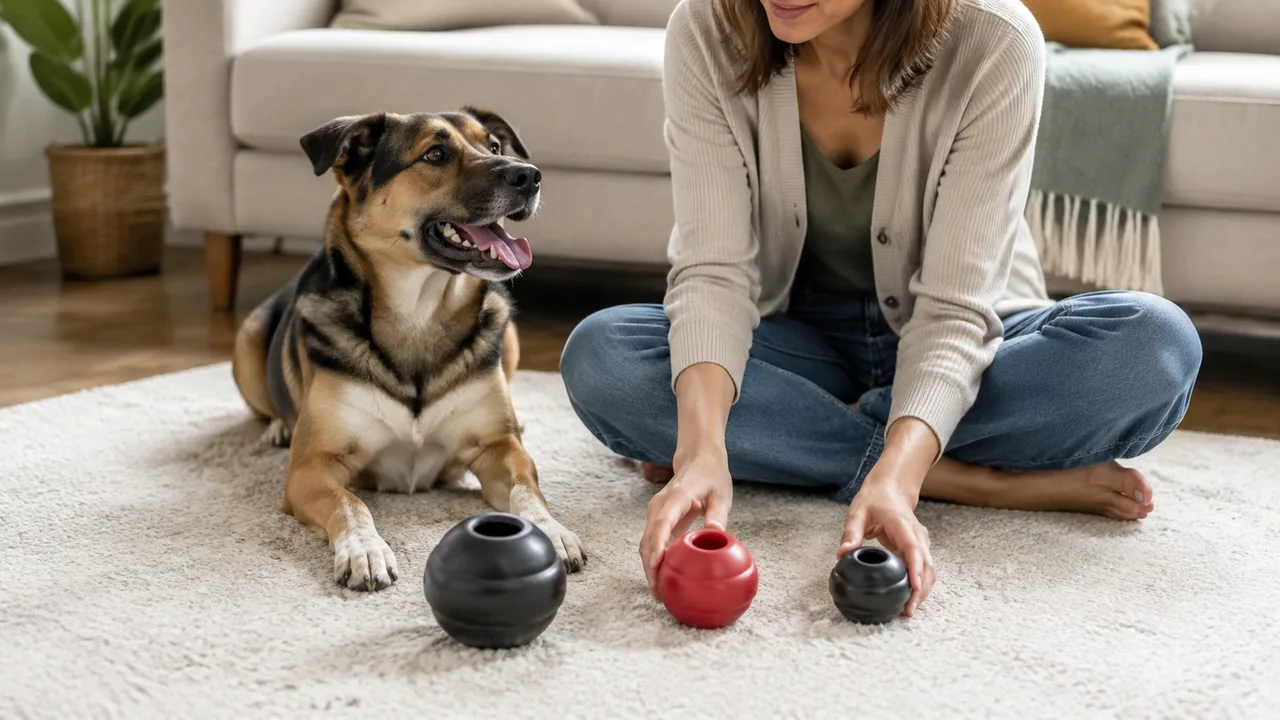 tutora compara brinquedos de borracha para escolher o mais adequado ao cachorro