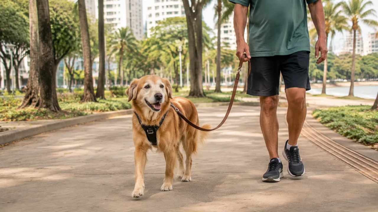 cachorro idoso caminha devagar ao lado do tutor em um parque plano