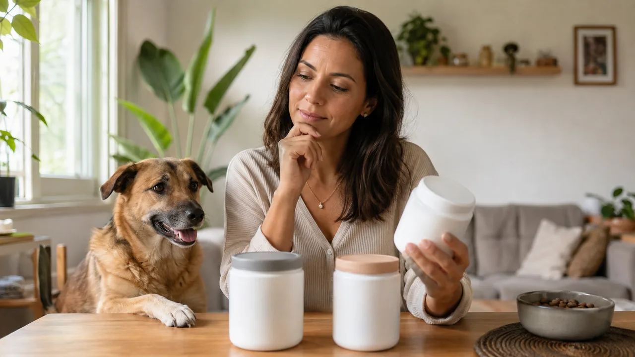tutora compara opções de suplementação enquanto o cachorro descansa ao seu lado