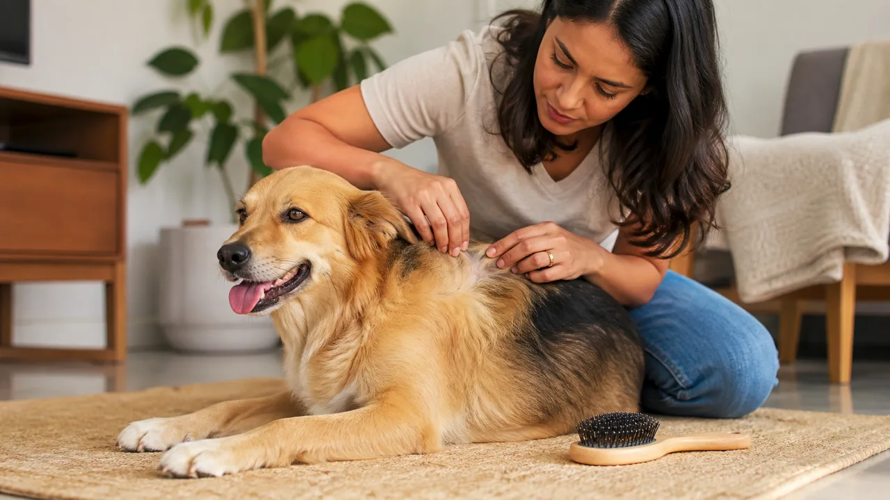 tutora afasta delicadamente os pelos do cachorro para observar a pele