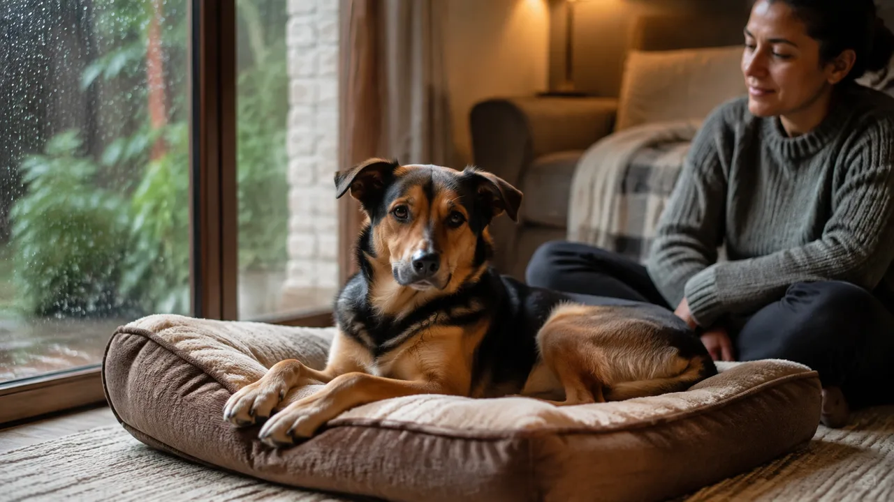 cachorro relaxa acordado em um ambiente silencioso ao lado da tutora