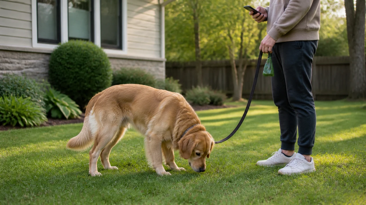tutor monitorando o cachorro durante uma saída curta ao quintal