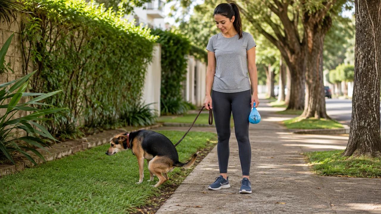 tutora espera com calma enquanto o cachorro faz as necessidades durante o passeio