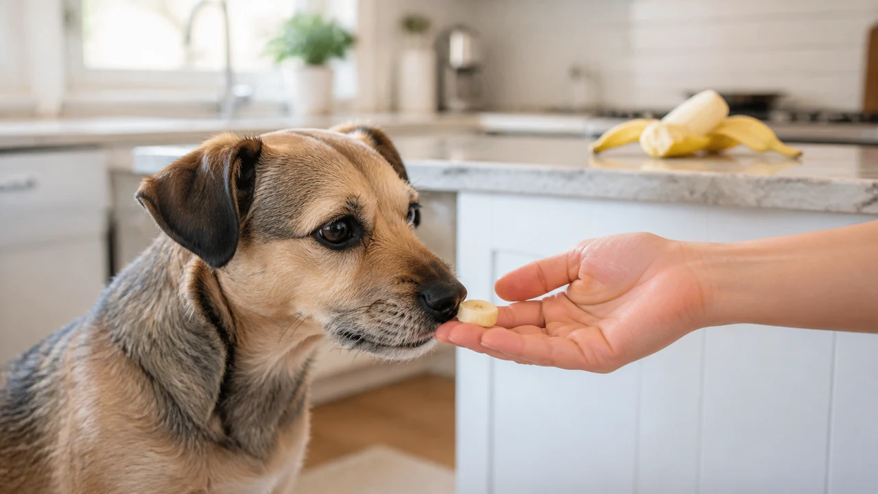cachorro recebendo uma pequena rodela de banana sem casca na mão da tutora