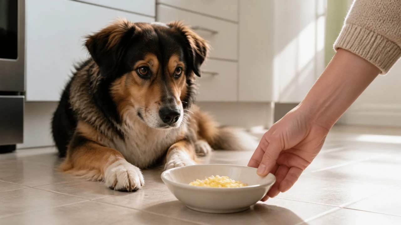cachorro esperando uma pequena porção de ovo totalmente cozido em uma tigela