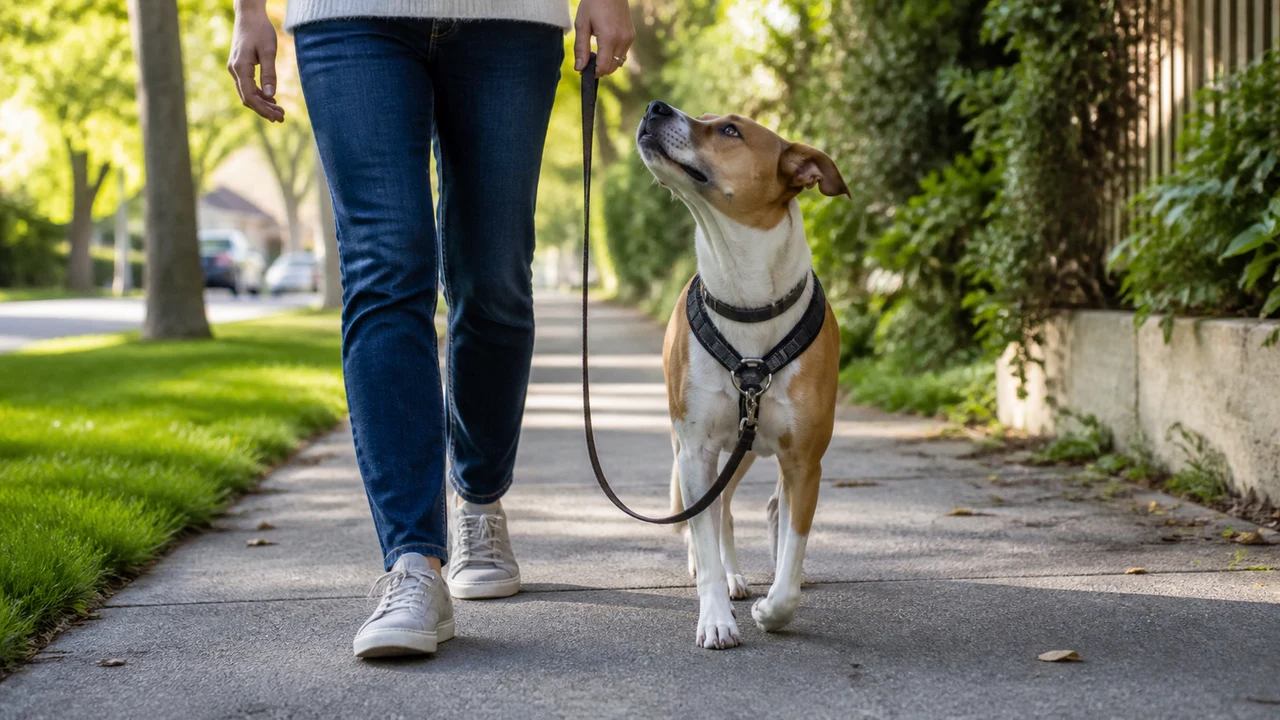 cão caminhando ao lado da tutora com a guia frouxa em uma calçada arborizada