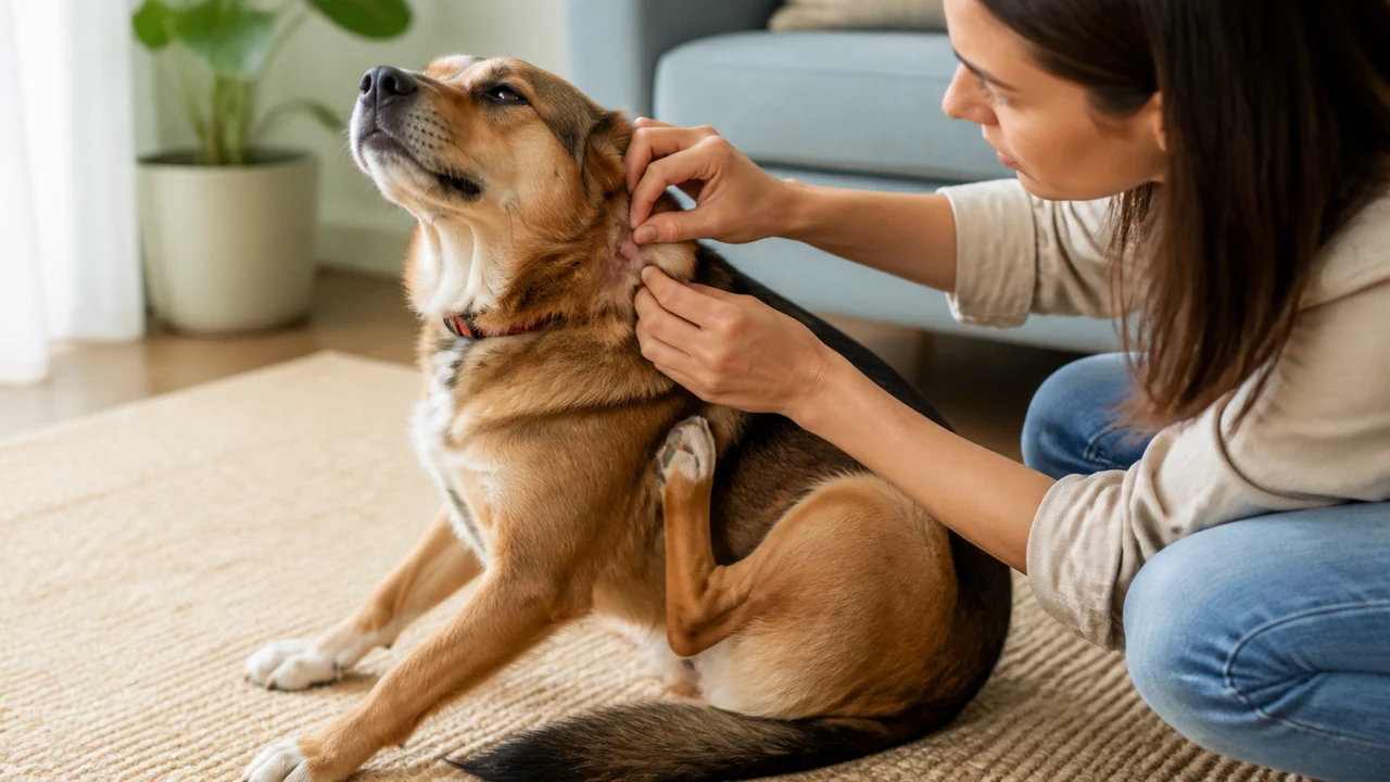 cachorro coçando o pescoço enquanto a tutora afasta o pelo para examinar a pele