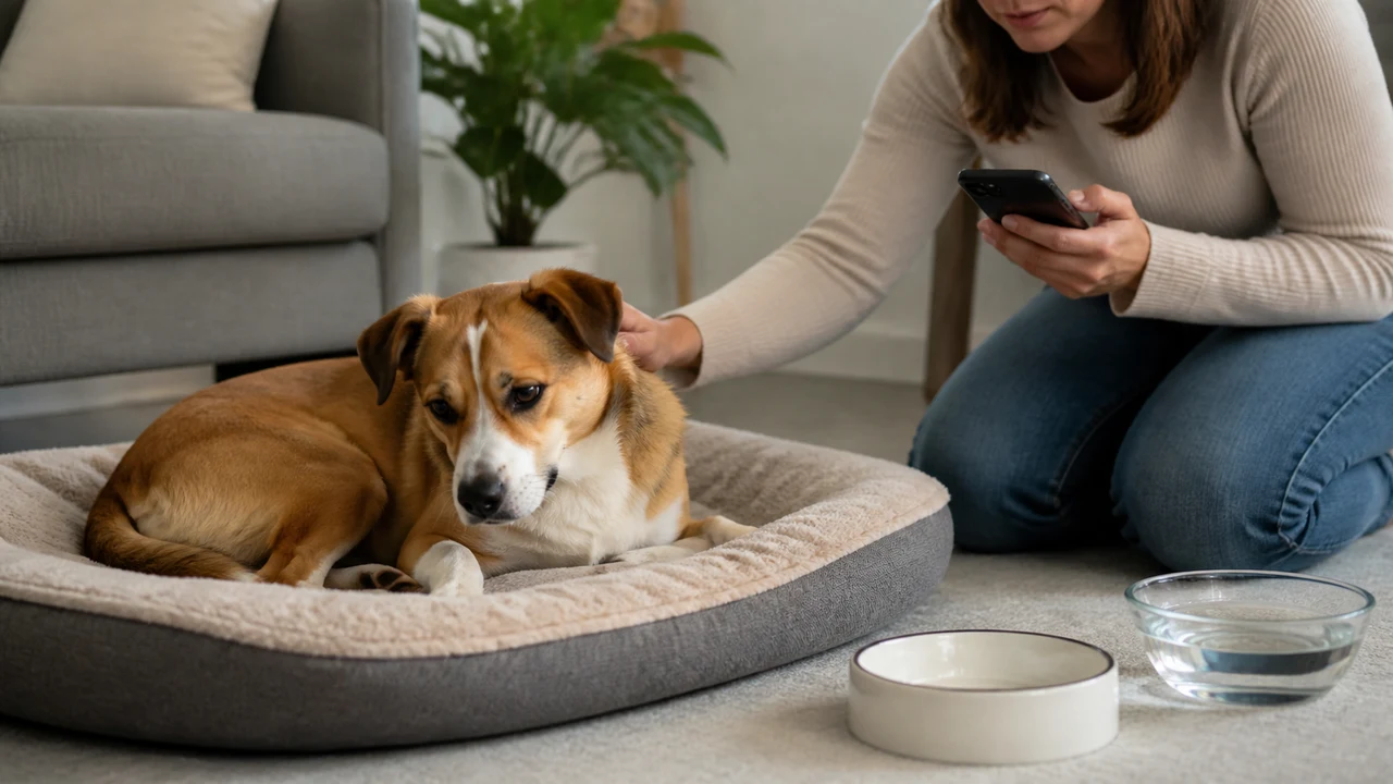 tutora observando um cachorro indisposto enquanto telefona para o veterinário