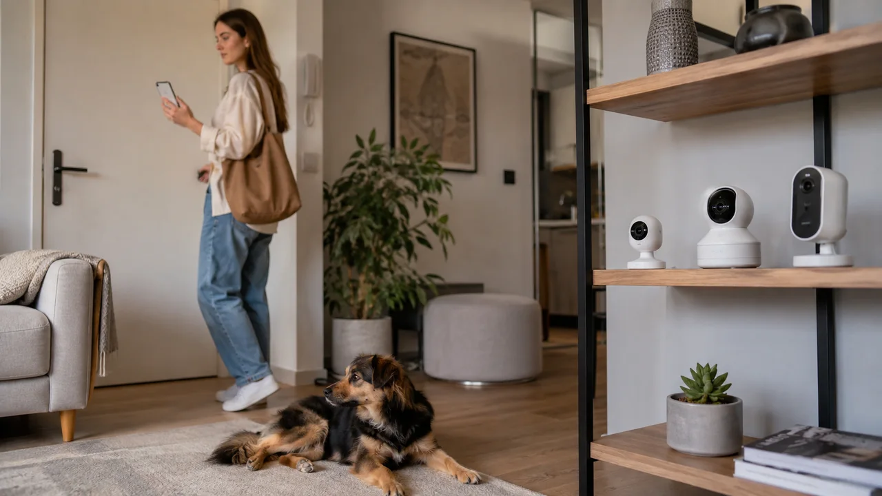 tutora observa o cachorro pelo celular antes de sair de casa