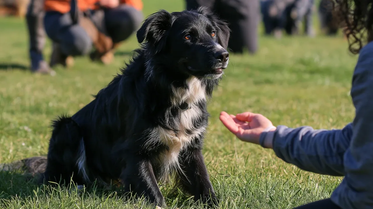 cão preto e branco sentado, atento à mão do tutor durante uma aula de adestramento