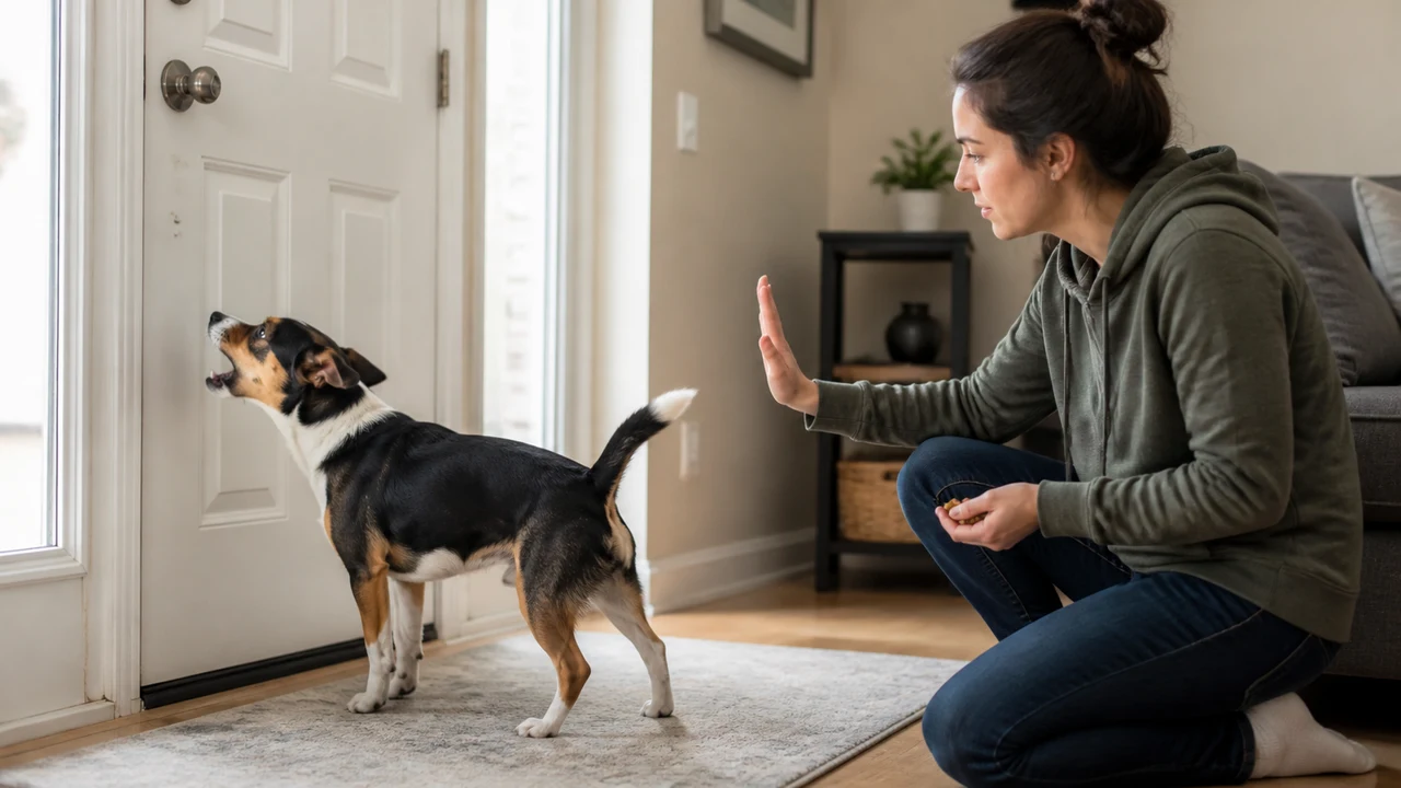 cão latindo para a porta enquanto a tutora ensina um comando de calma com recompensa
