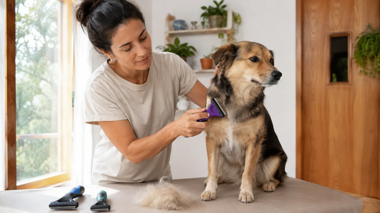 tutora remove pelos soltos de um cachorro com uma ferramenta de subpelo