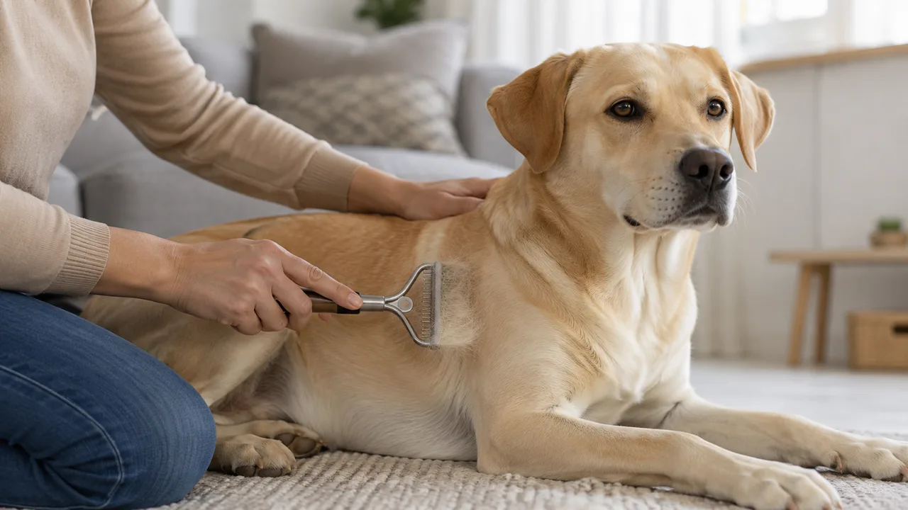tutora escova com cuidado um cachorro de pelo curto