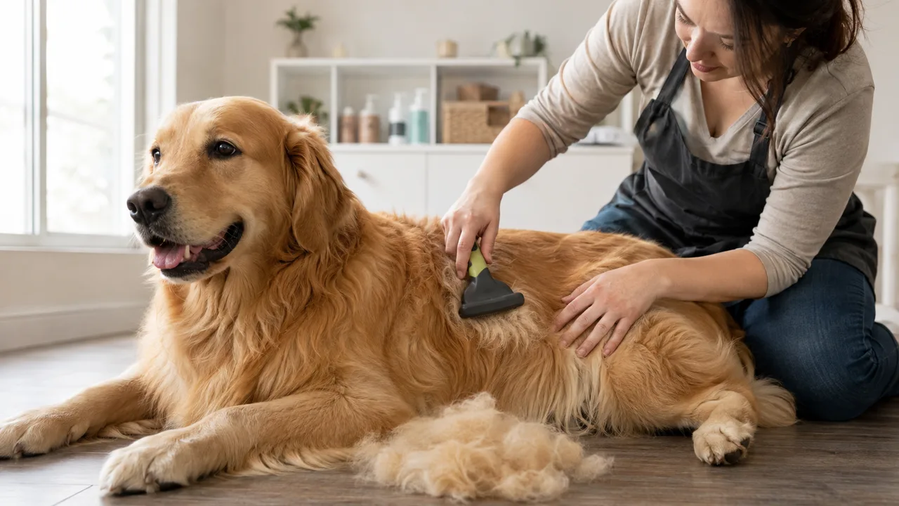 profissional escova delicadamente um cachorro de pelo longo