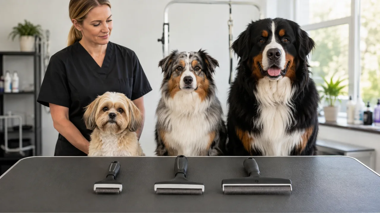 três tamanhos de ferramenta de subpelo diante de cães pequenos médios e grandes