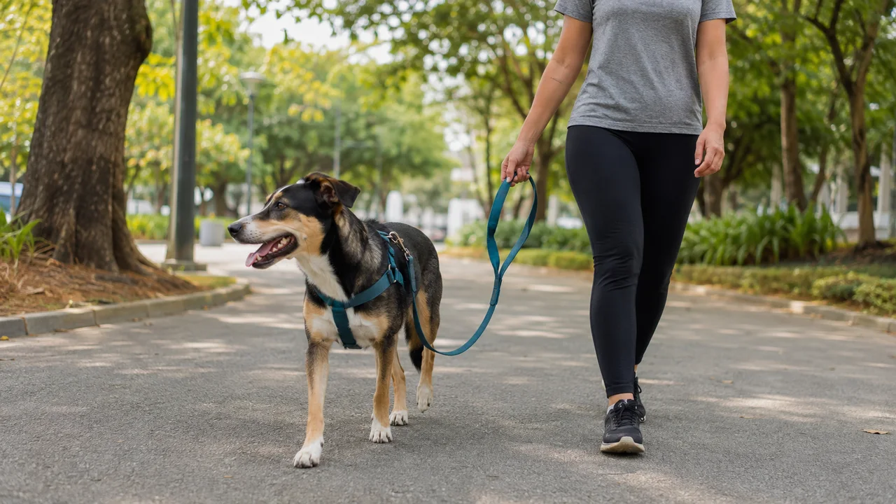 cachorro caminha calmamente ao lado da tutora com peitoral e guia frouxa