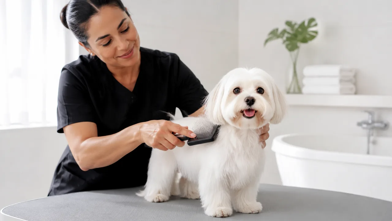 tutora escova cuidadosamente um cachorro branco antes do banho