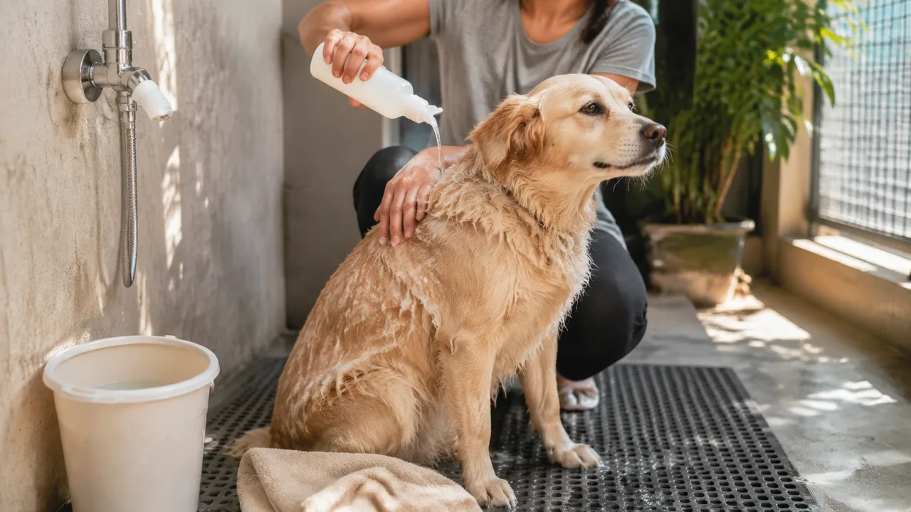 cachorro tranquilo recebe banho com shampoo diluído em ambiente doméstico