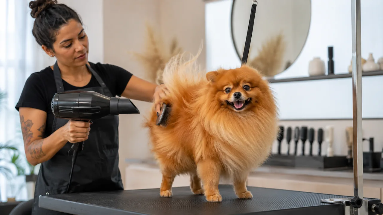 groomer seca e escova a pelagem volumosa de um cachorro spitz