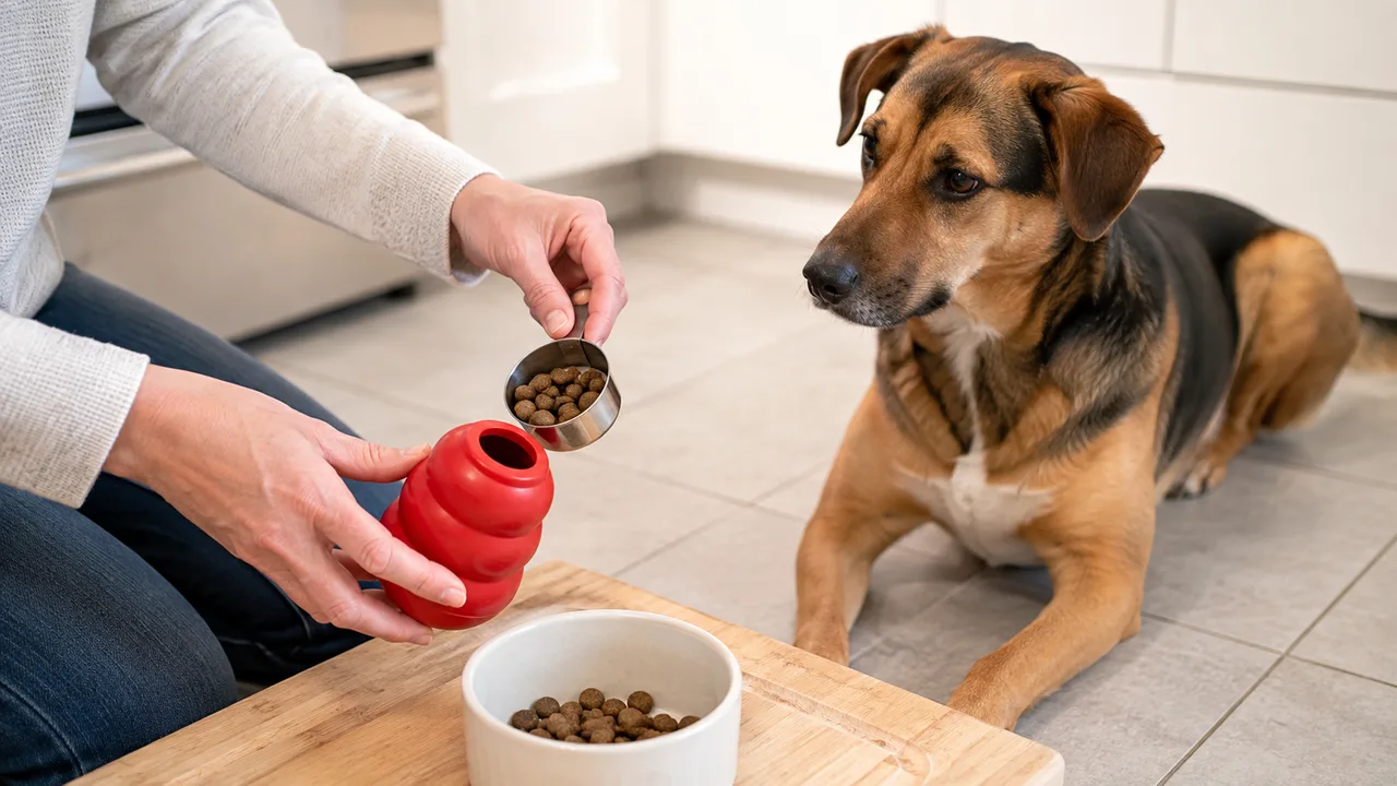 tutora coloca uma porção medida de ração em um brinquedo vermelho para o cachorro