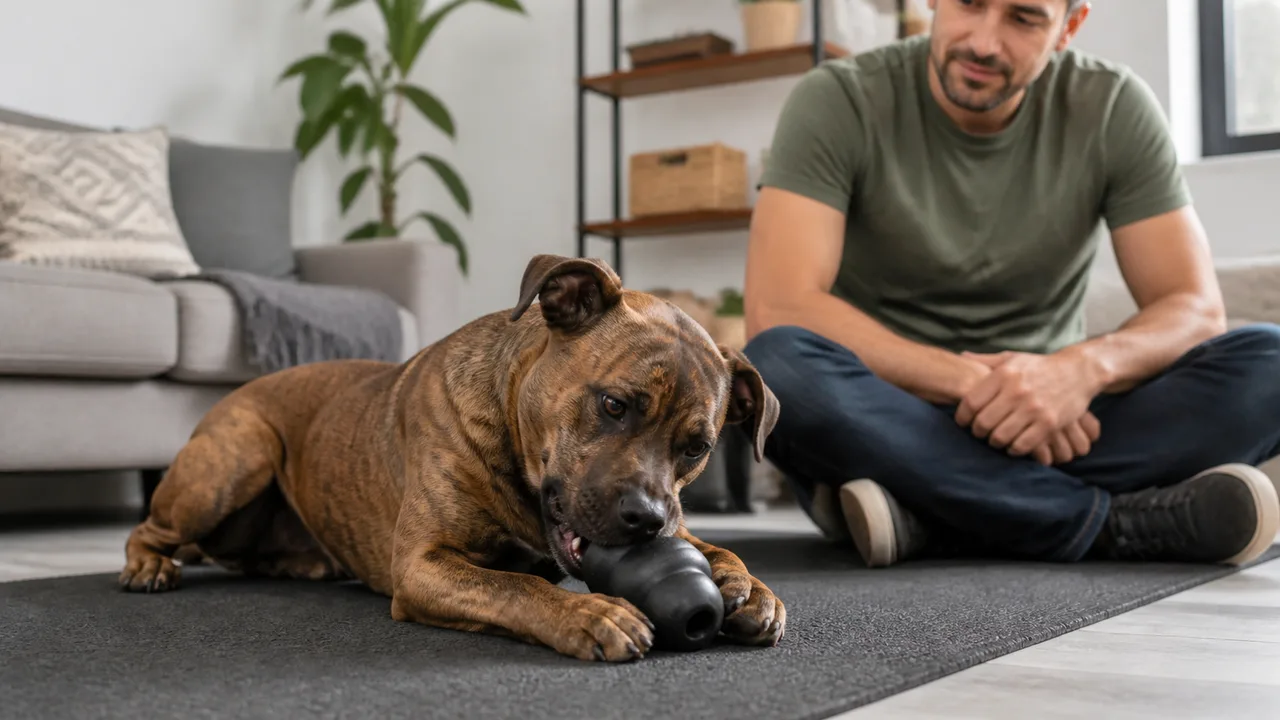 cachorro forte mastiga um brinquedo preto de borracha sob supervisão do tutor