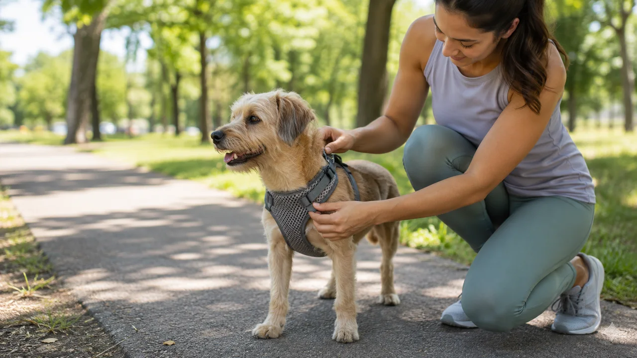tutora ajusta um peitoral de trama acolchoada no cachorro antes do passeio