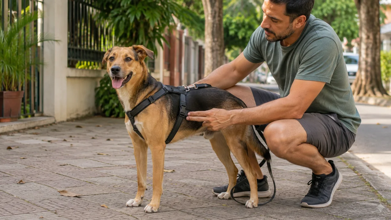 tutor confere com os dedos o ajuste do peitoral H no cachorro