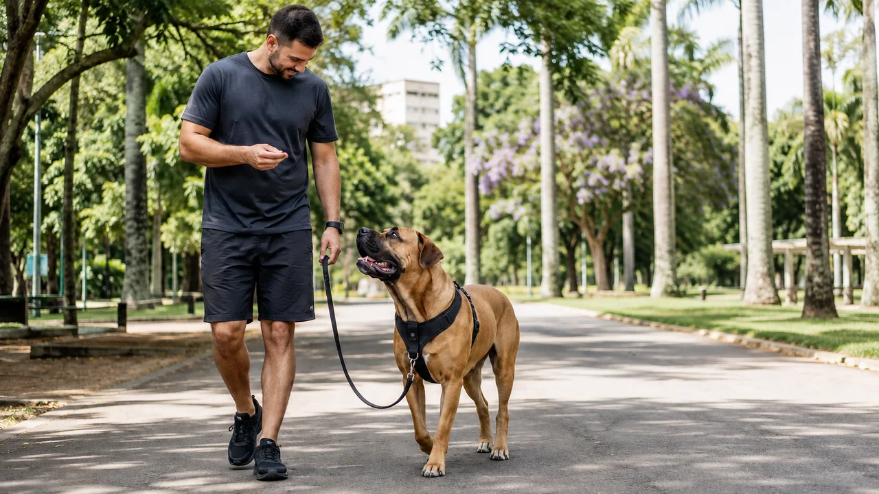 tutor caminha com cachorro forte usando peitoral de conexão frontal e guia frouxa