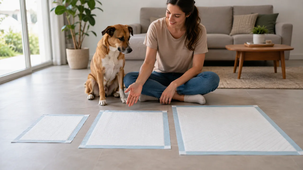 tutora compara três tamanhos de tapete higiênico diante do cachorro