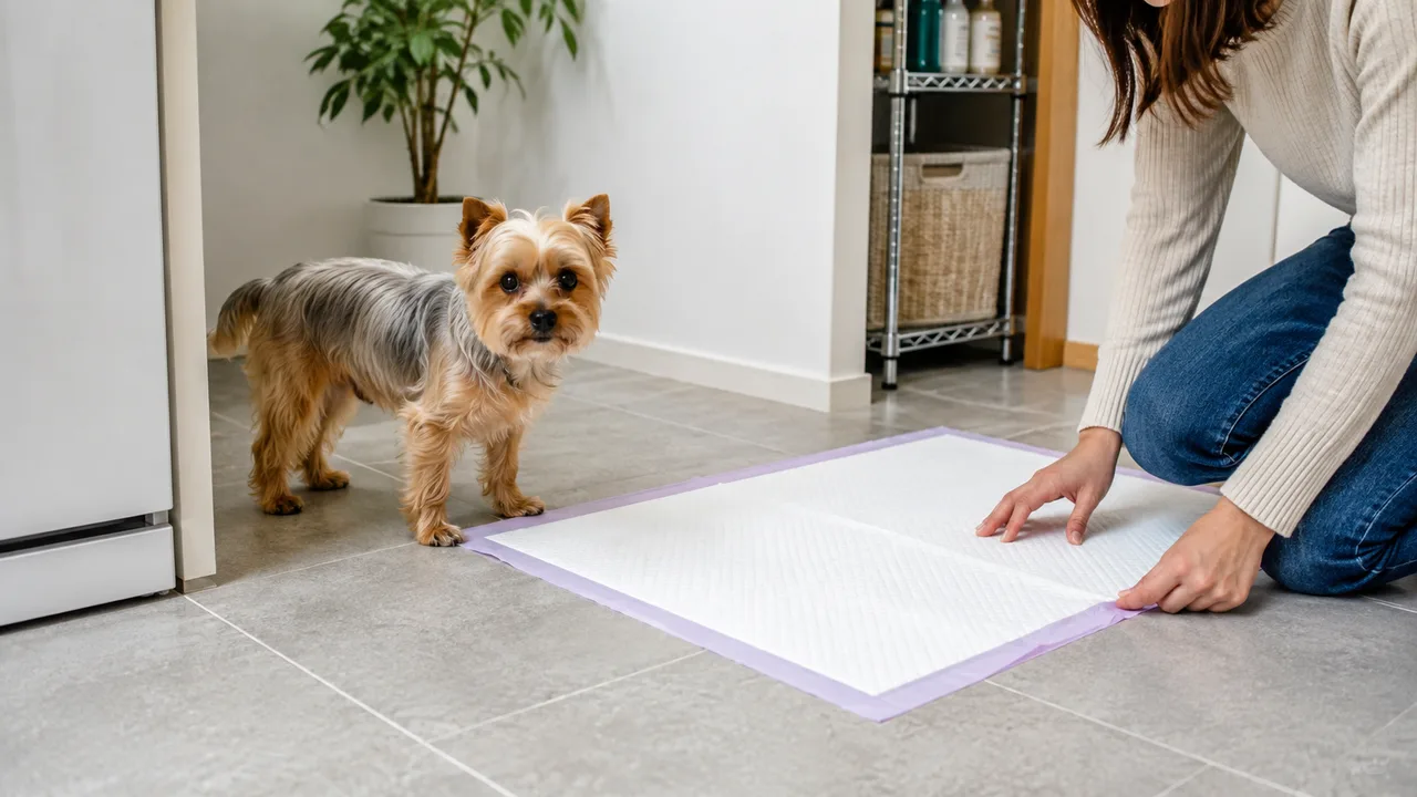 tutora fixa um tapete higiênico de borda lilás perto de um cachorro pequeno