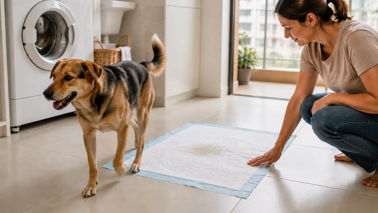 tutora verifica o piso seco ao lado do tapete higiênico usado pelo cachorro