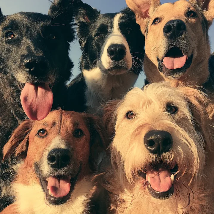 cinco cães de raças diferentes reunidos, vistos de baixo, contra o céu