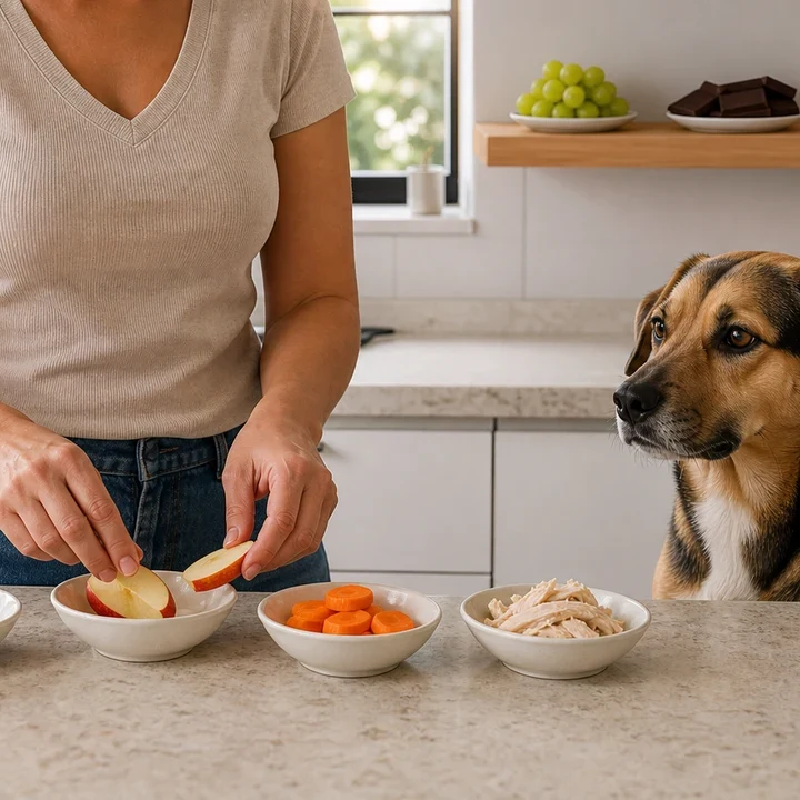 tutora separando alimentos enquanto o cachorro observa na cozinha
