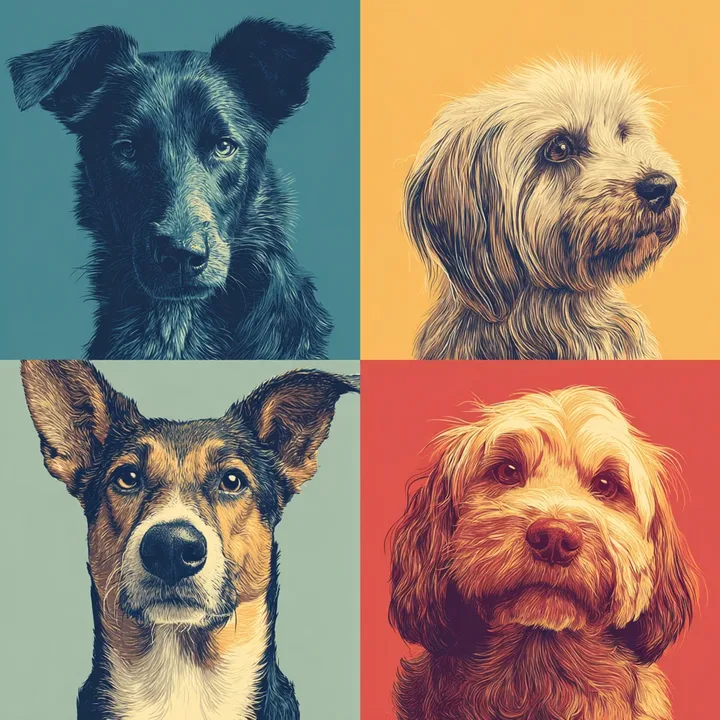 ilustração com quatro retratos de cães de raças diferentes, em quatro cores