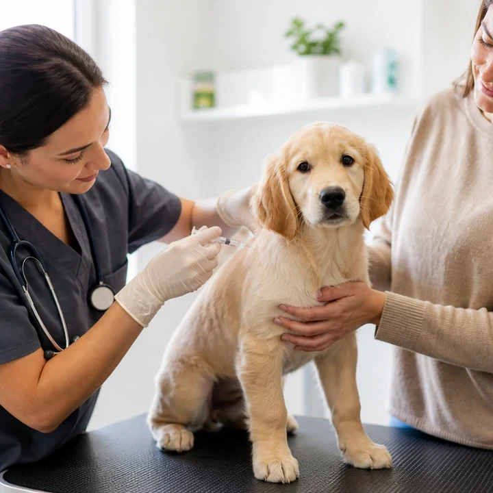 filhote recebendo uma vacina durante consulta veterinária