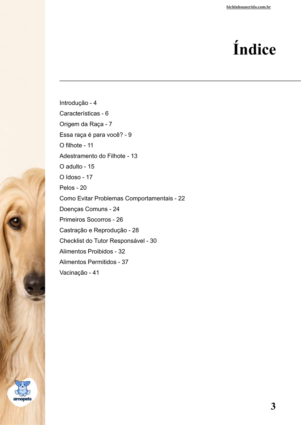 índice do e-book Guia de Como Cuidar do Afghan Hound