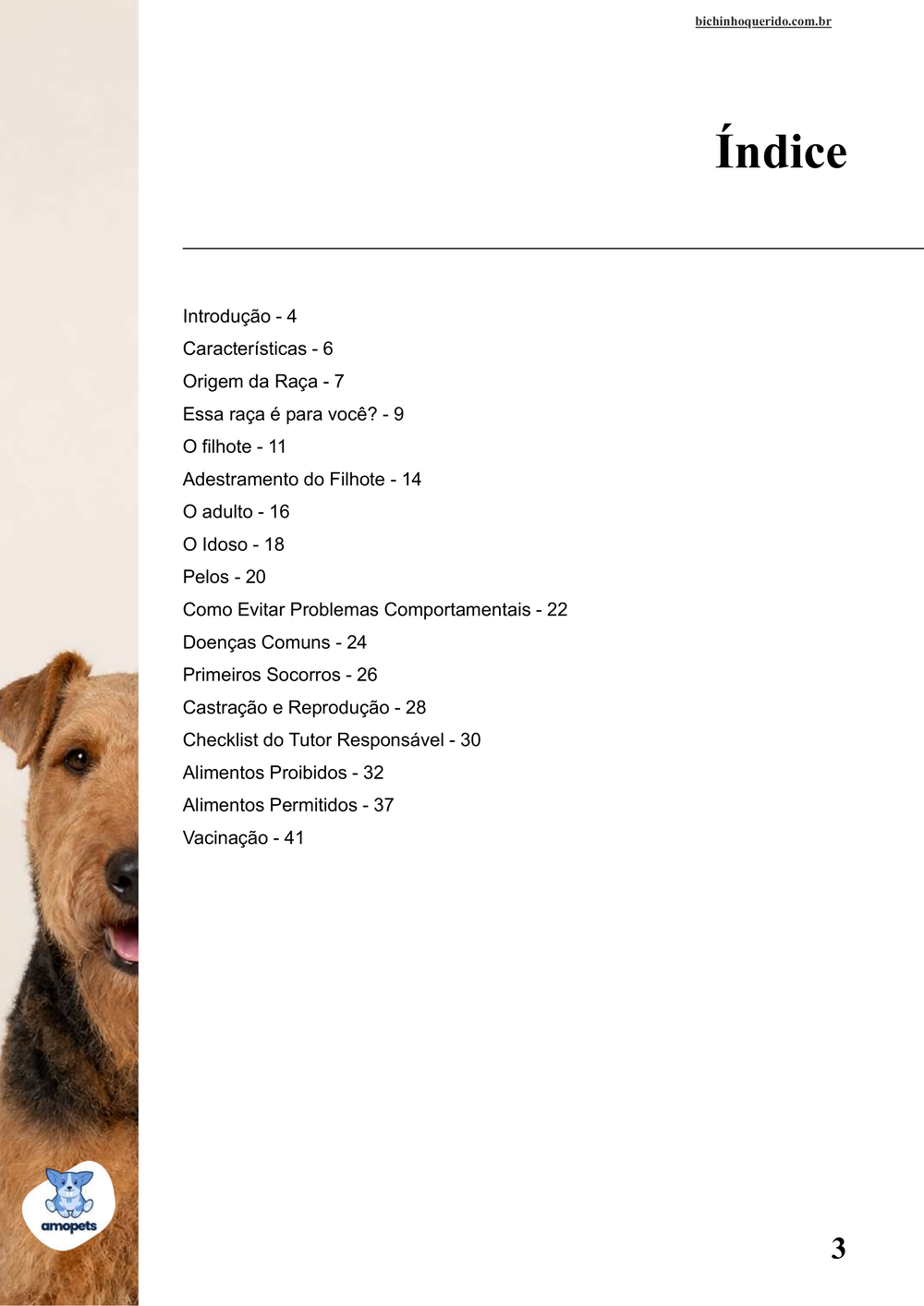 índice do e-book Guia de Como Cuidar do Airedale Terrier