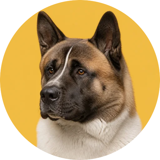 Retrato em ângulo três quartos de cachorro da raça Akita Americano em fundo mostarda