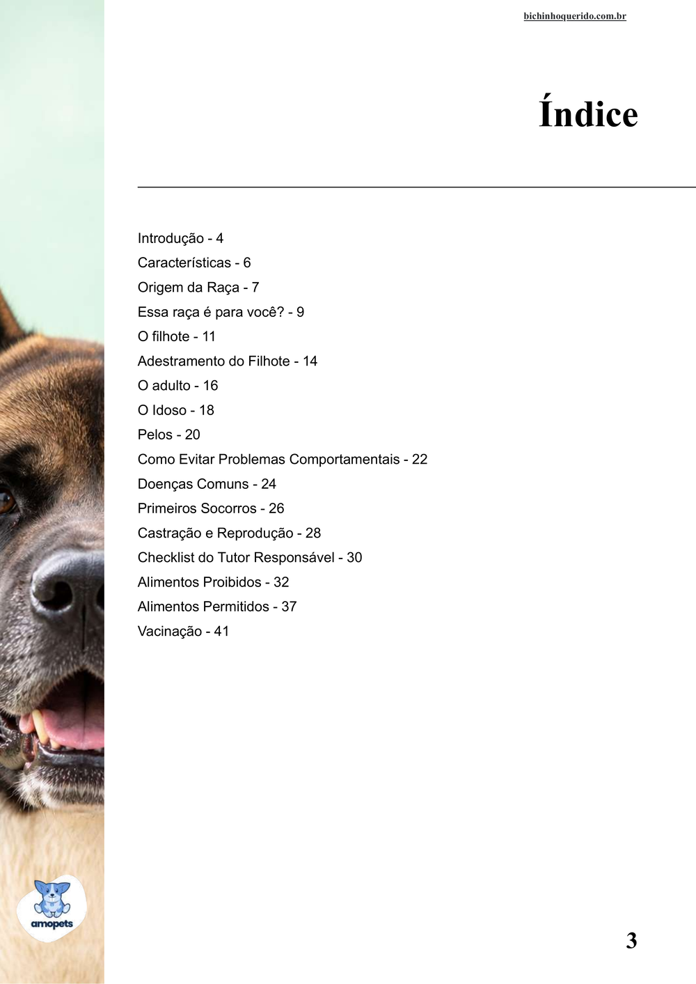índice do e-book Guia de Como Cuidar do Akita Americano