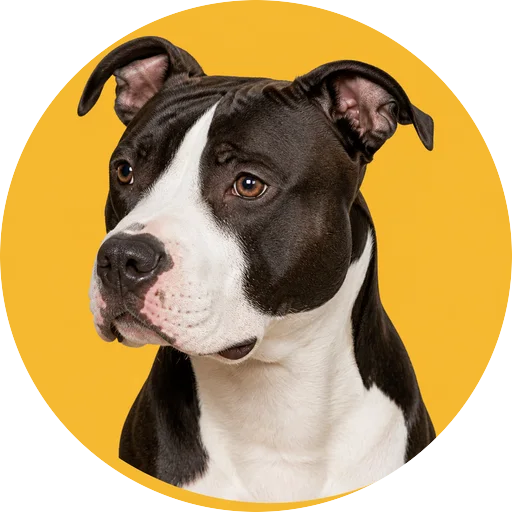 Retrato em ângulo três quartos de cachorro da raça American Staffordshire Terrier em fundo mostarda