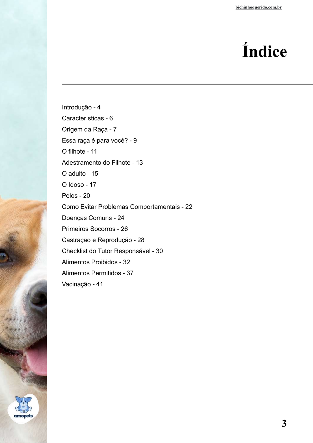 índice do e-book Guia de Como Cuidar do American Staffordshire Terrier