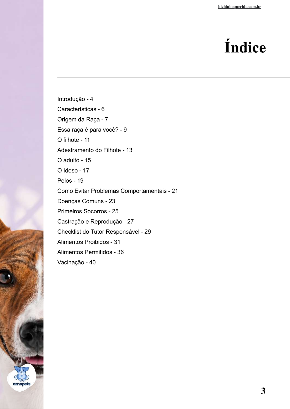 índice do e-book Guia de Como Cuidar do Basenji
