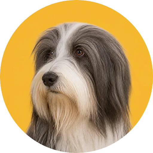 Retrato em ângulo três quartos de cachorro da raça Bearded Collie em fundo mostarda