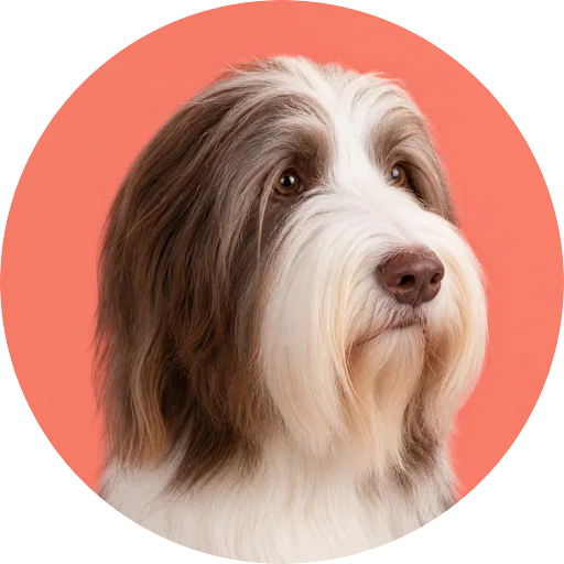 Retrato em ângulo três quartos de cachorro da raça Bearded Collie em fundo coral