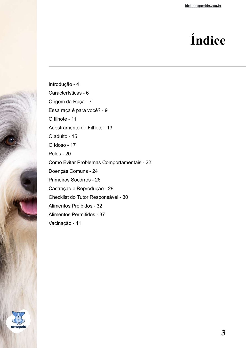 índice do e-book Guia de Como Cuidar do Bearded Collie
