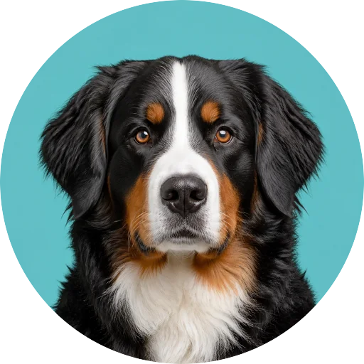 Retrato frontal de cachorro da raça Bernese em fundo turquesa