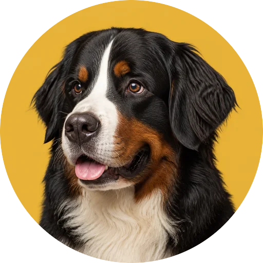 Retrato em ângulo três quartos de cachorro da raça Bernese em fundo mostarda